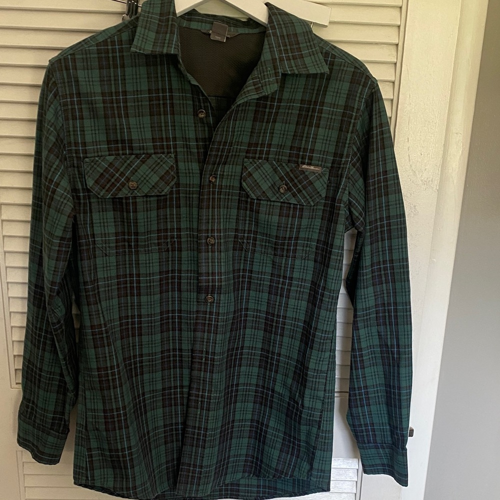 Eddie Bauer Green and Black Plaid Casual Button Down Shirt
